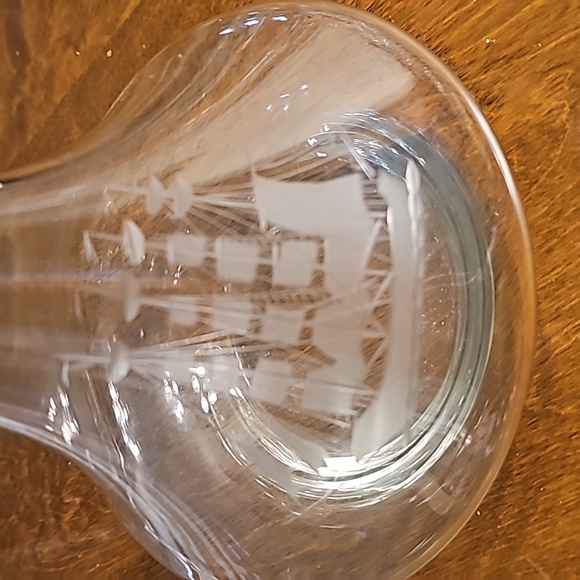 Antique Glass Ship Decanter Original Stopper Engraved Design, Chips in Pictures - Picture 2 of 5